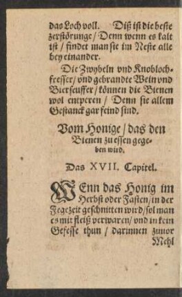 Vom Honige/ das den Bienen zu essen gegeben wird. Das XVII. Capitel.