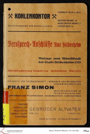 [Beilage:] Fernsprech-Anschlüsse Amt Hildesheim
