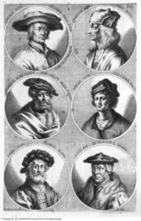 L'Academia Todesca della Architettura, Scultura e pittura: Oder Teutsche Academie der Edlen Bau- Bild- und Mahlerey-Künste:..., 2. Teil, 3. Buch, 6. Kapitel, Tafel DD: Lucas von Leyden Mahl und Kupferstecher, Quintin Messies Mahl, Henrich Aldegraef von Soest Mahl u Kupf, Iohan von Calcker Mahl, Ioan von Mabus Mahl, Iohan Schoorl Mahl