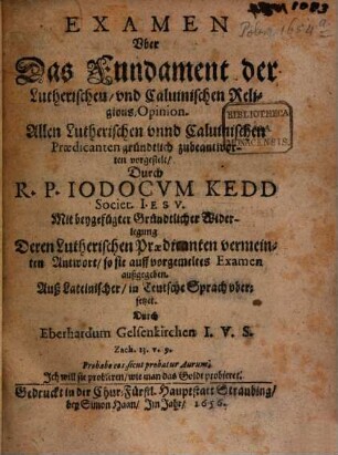 Examen Uber Das Fundament der Lutherischen, und Calvinischen Religions Opinion