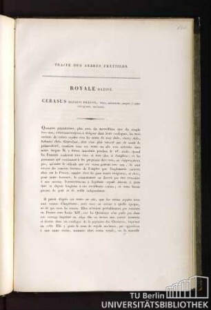 Traité des arbres fruitiers. Royale hative. Cerasus regalis praecox, fructu subrotundo, magno, è rubro subnigrante, suavissimo.