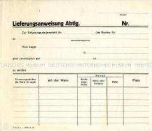 Lieferformular (blanko) der Reichsbekleidungsstelle
