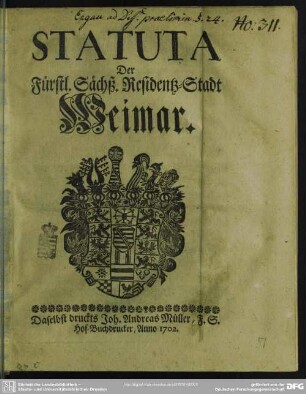 Statuta Der Fürstl. Sächß. Residentz-Stadt Weimar