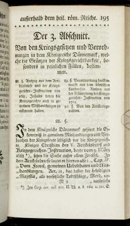 Der 3. Abschnitt. Von den Kriegsgesetzen und Verordnungen in dem Königreiche Dännemark, welche die Gränzen der Kriegsgerichtbarkeit, besonders in peinlichen Fällen, bestimmen.