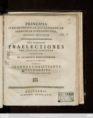 Specimen 2: Qvo Praemisso Praelectiones Per Instans Semestre Aestivvm In Academia Rostochiensi Institvendas