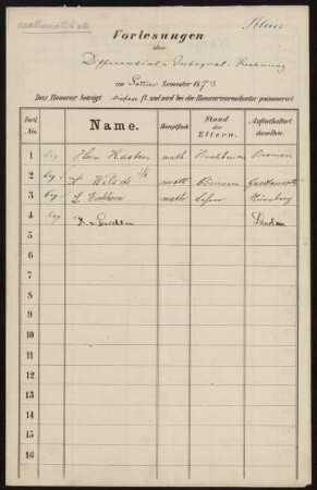 Vorlesungen über Differential, Integral. Rechnung im Sommer Semester 1873