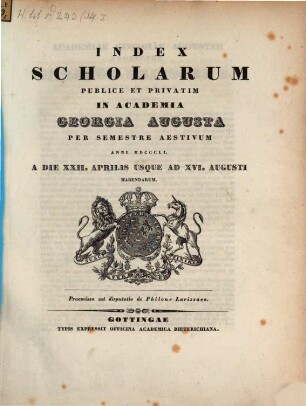 Index scholarum publice et privatim in Academia Georgia Augusta ... habendarum, SS 1851