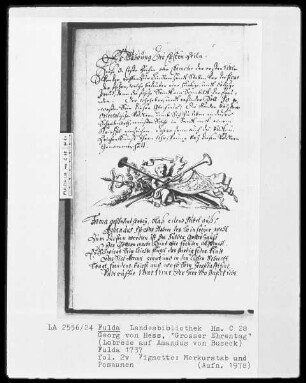 Georg Friedrich Heß, Großer Ehrentag, Lobrede auf Amadeus von Buseck — Vignette mit Merkurstab, Posaunen, Fahne und Putto, Folio 2 verso