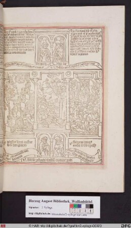 Drei biblische Szenen umgeben von vier Propheten. Mittig: Christus am Ölberg. Links: Die törichten Jungfrauen. Rechts: Luzifers Sturz.