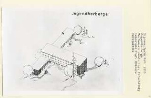 Jugendherberge (Diplomarbeit bei Kurt Dübbers): Perspektivische Ansicht (Vogelschau)