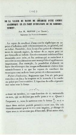 De la valeur du rayon de courbure d´une courbe algébrique en un point d´inflexion ou de rebroussement.
