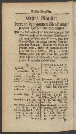 Erstes Register derer in dem gantzen Werck angezogenen Bücher und Scribenten