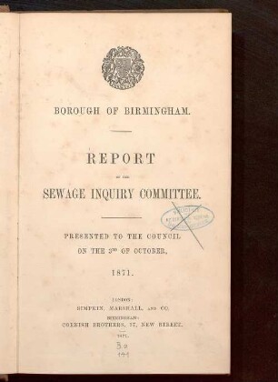 Report of the Sewage Inquiry Committee : presented to the council on the 3rd of october, 1871