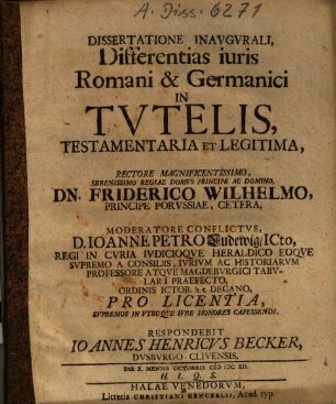 Dissertatione Inaugurali Differentias iuris Romani & Germanici In Tutelis, Testamentaria Et Legitima ... Moderatore Conflictus, D. Ioanne Ludewig ... Respondebit Ioannes Henricus Becker, Dusburgo-Clivensis