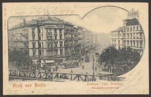 Ansichtskarte Straßenkreuzung mit Straßenbahn, Perspektive der Hochbahn, umrahmt, Kottbusser Tor