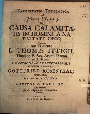 Exercitatio theologica ad Johann. IX, 1.2.3., de causa calamitatis in homine a nativitate caeco