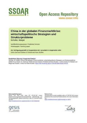 China in der globalen Finanzmarktkrise: wirtschaftspolitische Strategien und Strukturprobleme