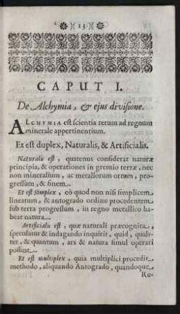 Caput I. De Alchymia, & eius divisione