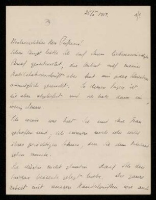 Nr. 1 Brief von Ada Adler an Ulrich von Wilamowitz-Moellendorff. Ohne Ort, 25.5.1917