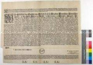 Bekanntmachung des Patents von Karl VI. Kaiser des Heiligen Römischen Reiches im Fränkischen Reichskreis betreffend die Ausfuhr von Getreide und Pferden ins feindliche Ausland