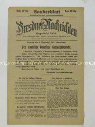 Nachrichtenblatt der Tageszeitung "Dresdner Nachrichten" über deutsche Angriffe auf Ypres und Lille und Kämpfe um Tsingtau