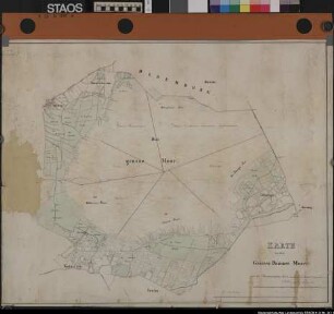 Karte von dem Großen Dammer Moore." 2. Hälfte 19. Jh. Anteile der Gemeinden Hinnenkamp, Vörden, Kalkriese, Venne, Schwege und Damme. Teile der Feldfluren eingezeichnet (außer Damme). Ausf.-Art: Farbiger Zeichnung Herst.: F. Hartmann, Kerkhof Format: 59 x 73 cm Maßstab: ca. 1 : 21400