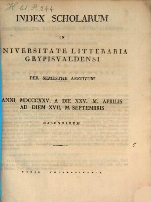 Index scholarum in Universitate Litteraria Gryphiswaldensi ... habendarum, SS 1825