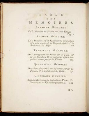 Table des Memoires.