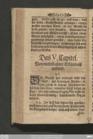 Das V. Capitel. Von mittelbarer Erkäntnüß anderer.