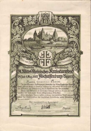 Dankurkunde für Hermann Cruse, Aschaffenburg