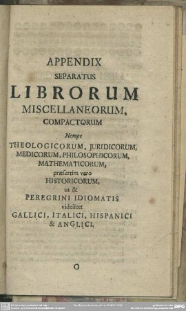 Appendix Separatus Librorum Miscellaneorum