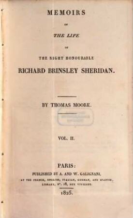 Memoirs of the life of the right honorouble Richard Brimsley Sheridan. Vol. 2 (1825)