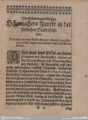 Der Erbaren und löblichen Schumachers Zunfft in der Löblichen Stadt Embden...