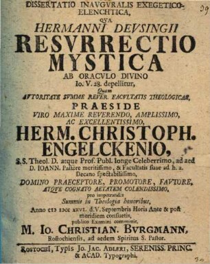 Diss. inaug. exeg. elenchtica qua Hermanni Deusingii resurrectio mystica ab oraculo divino Io. V, 28. depellitur