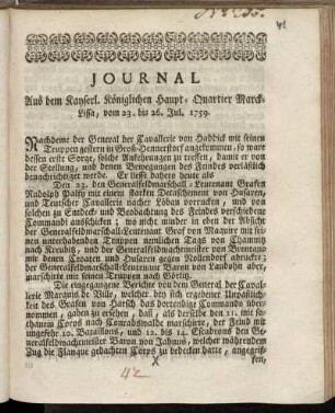 Journal Aus dem Kayserl. Königlichen Haupt-Quartier Marck-Lissa, vom 23. bis 26. Jul. 1759