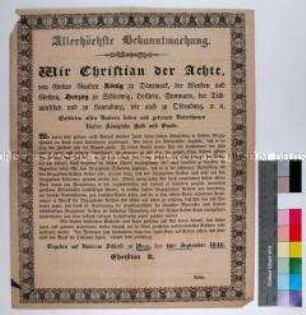 Mandat von Christian VIII. König von Dänemark betreffend die Unteilbarkeit der Herzogtümer Schleswig und Holstein