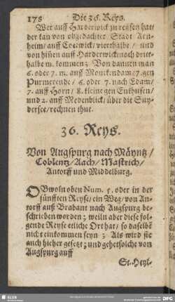 36. Reys. Von Augspurg nach Mäyntz, Coblentz, Aach, Mastrich, Antorff und Middelburg