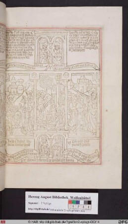 Drei biblische Szenen umgeben von vier Propheten. Mittig: Der Einzug Christi in Jerusalem. Links: Davids Rückkehr mit dem Kopf des Goliath. Rechts: Prophetenjünger begrüßen Elisa.