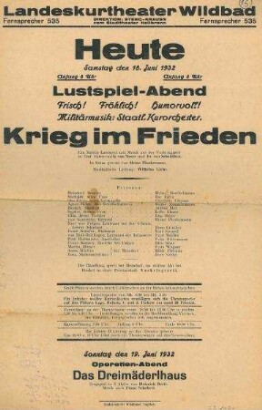Theaterzettel für das Lustspiel "Krieg im Frieden" im Landeskurtheater Wildbad