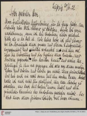 Nachlass Alfred Hettner, Eingegangene Briefe, Korrespondenz Hans Meyer/Alfred Hettner: Brief von Hans Meyer an Alfred Hettner