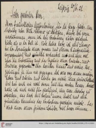 Nachlass Alfred Hettner, Eingegangene Briefe, Korrespondenz Hans Meyer/Alfred Hettner: Brief von Hans Meyer an Alfred Hettner