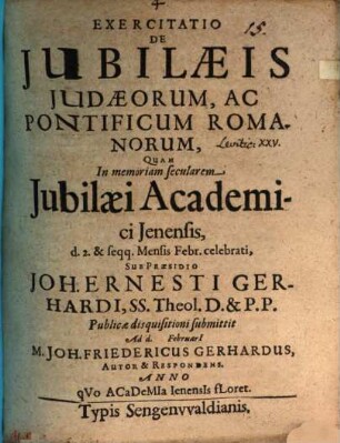 Exercitatio de iubilaeis Judaeorum, ac pontificum Romanorum