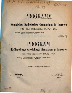 Programm des Königlichen Gymnasiums zu Ostrowo : Ostern ... = Program Królewskiego Katolickiego Gimnazyum w Ostrowie, 1872/73 (1873)