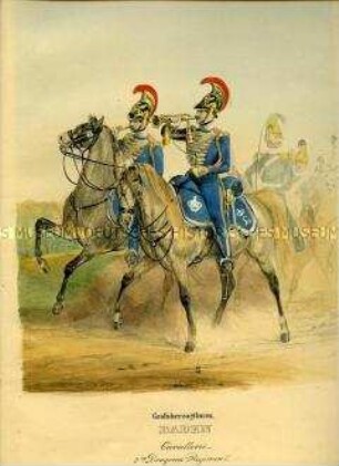 Uniformdarstellung, Trompeter des 2. Dragoner-Regiments zu Pferd, Großherzogtum Baden, 1835/1843. Tafel 318 im Buch: Eckert/Monten: Das deutsche Bundesheer in charakteristischen Gruppen.