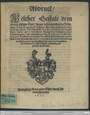 Abdruck welcher Gestalt ... Gott, wegen dessen ... am 20. Maij beschlossenen Friedensvereinigung ... Danck gesaget ... werden soll