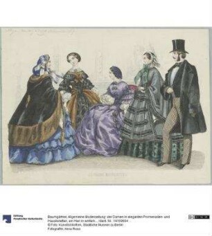 Allgemeine Modenzeitung: vier Damen in eleganten Promenaden- und Haustoiletten, ein Herr in winterlichem Anzug und Zylinder