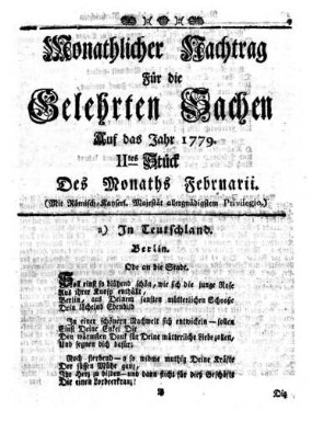 Monathlicher Nachtrag [...] Auf das Jahr 1779. IItes Stück Des Monaths Februarii