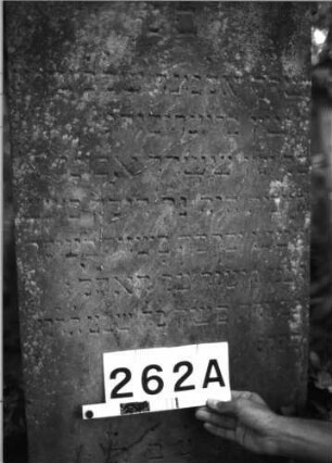 Grabstein 262 (Index: 100085139) Maße HxBxT: 138x57x28 cm Beschreibung: Stele, mit Aufsatz, Zahnfries, Schriftfeld eingetieft m. Rundbogenabschluß: Grabstein 262A