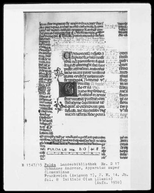 Johannes Andreae, Apparatus super Clementinas — Initiale C(um illusio), Folio 8recto