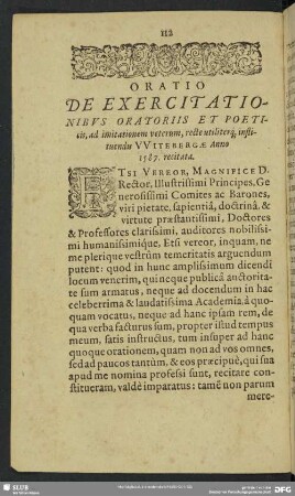 Oratio De Exercitationibus Oratoriis Et Poeticis, ad imitationem veterum, recte utiliterq[ue] instituendis Witebergae Anno 1587. recitata